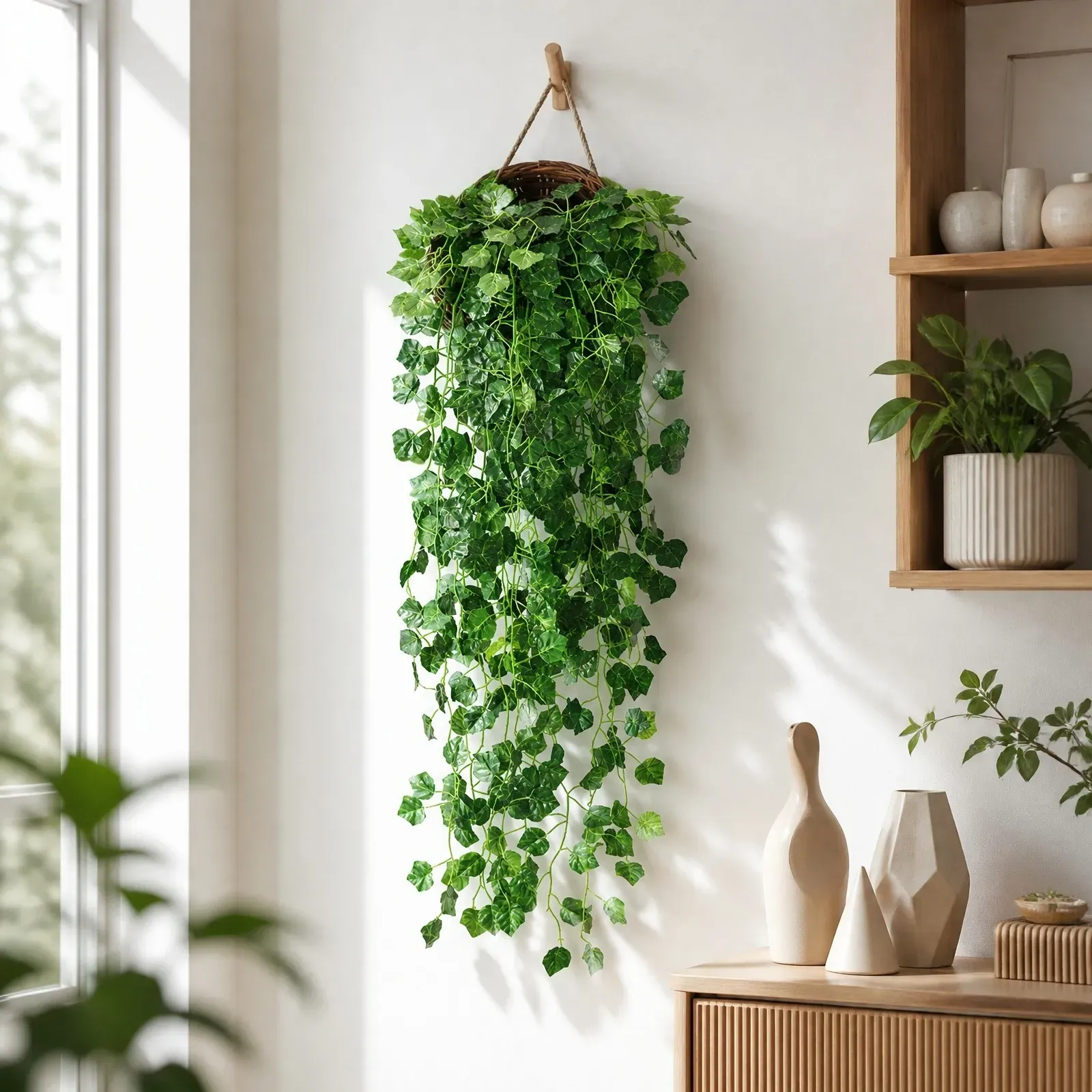Artificial Hanging Ivy Vine, Round Leaf Trailing Greenery, Style A (4-Pack)